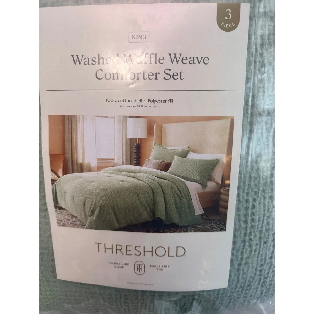 Threshold Waffle Weave Comforter Set King Sage Green 3pc Cotton NWT